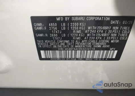 2025 Subaru Outback from USA, damaged, VIN 4S4BTAAC0S3234778